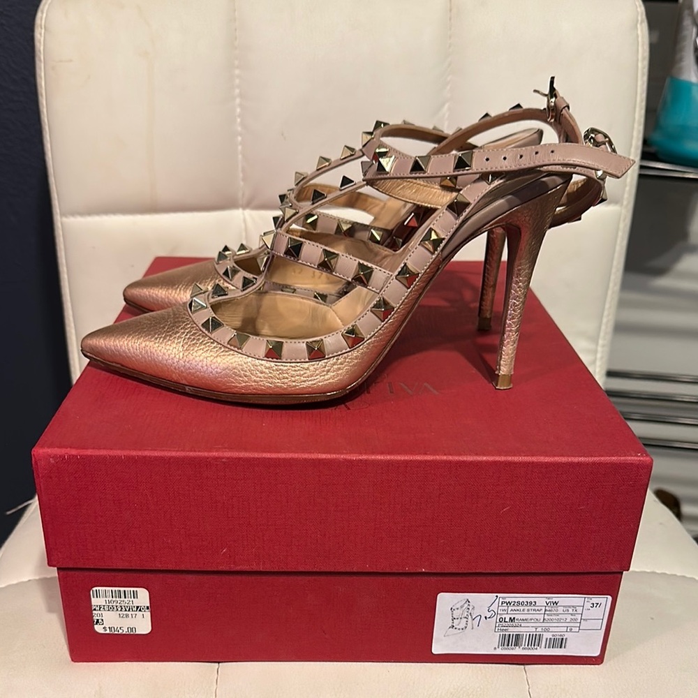 Valentino Gold Heels with Strappy Design and Studded Accents